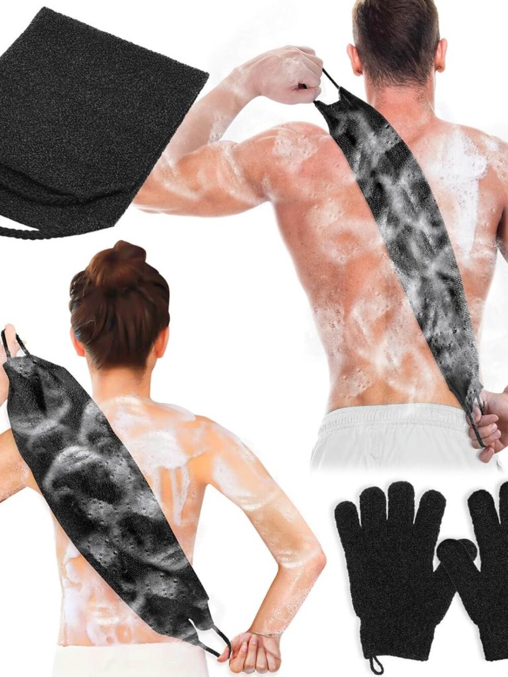 Exfoliating Back Scrubber Bath Gloves Set, Exfoliating Shower Towel with Shower